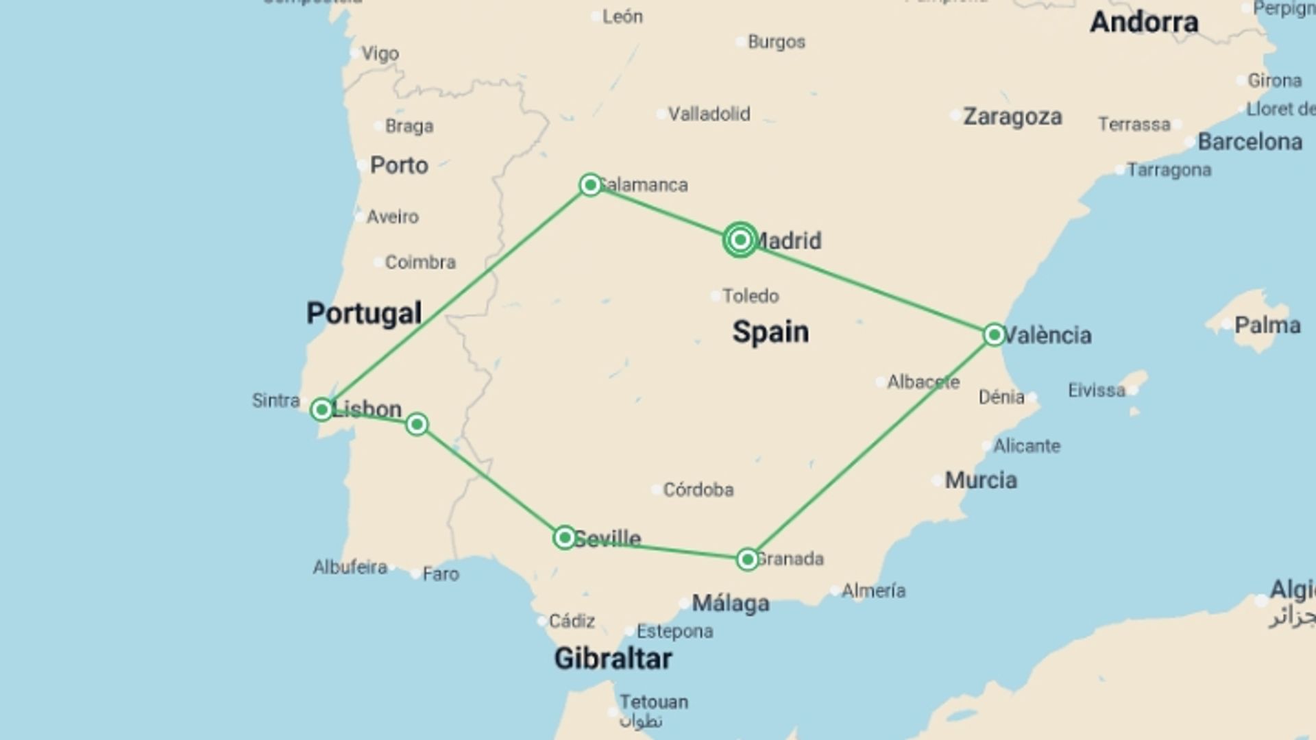 A map showing the tour itinerary for the trip: Highlights of Spain and Portugal, starting in Madrid, Spain and ending in Madrid, Spain going through 6 other destinations.