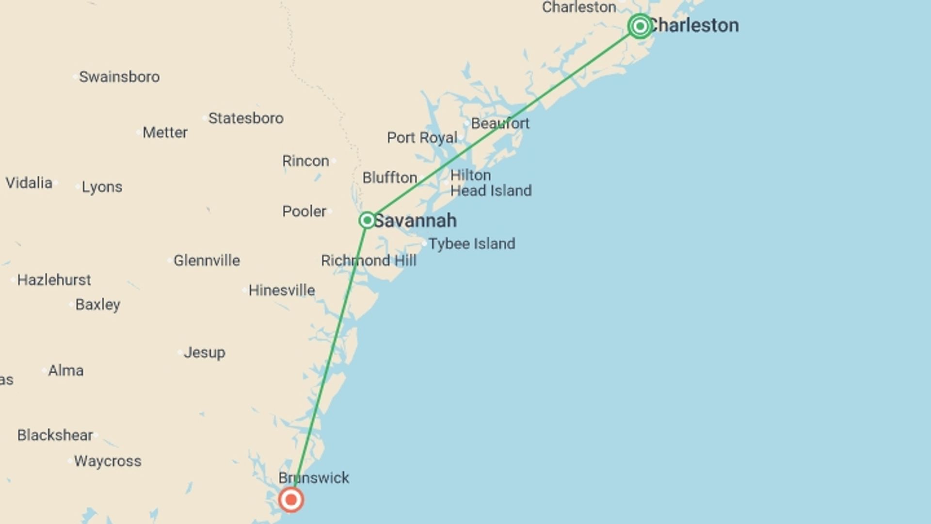 A map showing the tour itinerary for the trip: Charms of Southeast USA, starting in Charleston, USA and ending in Jekyll Island, USA going through 1 other destinations.