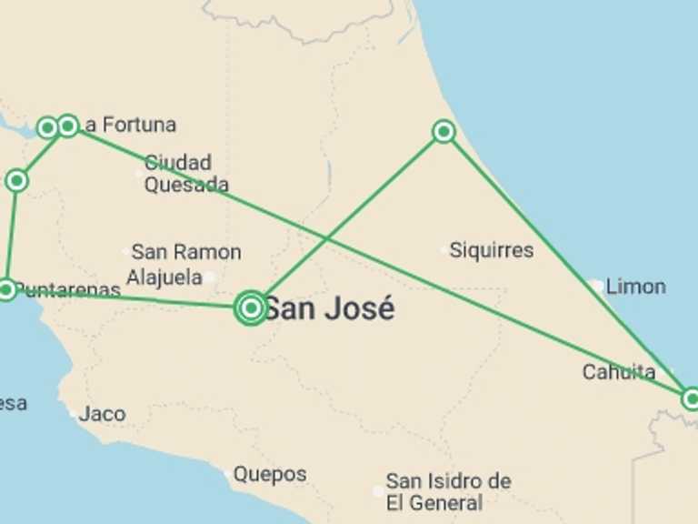Map itinerary of Costa Rica Tour in June 2026 with 6 destination visits for the trip: Full Costa Rica Explorer 14D/13N