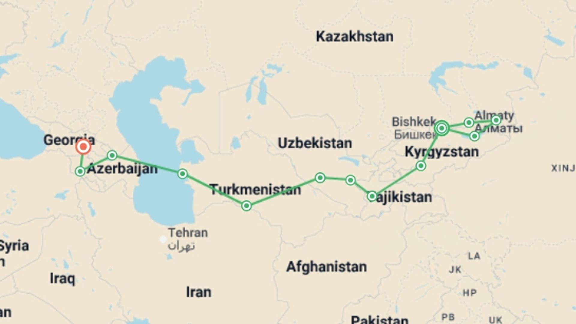 A map showing the tour itinerary for the trip: Bishkek To Tbilisi (69 Days), starting in Bishkek, Kyrgyzstan and ending in Tbilisi, Georgia going through 10 other destinations.