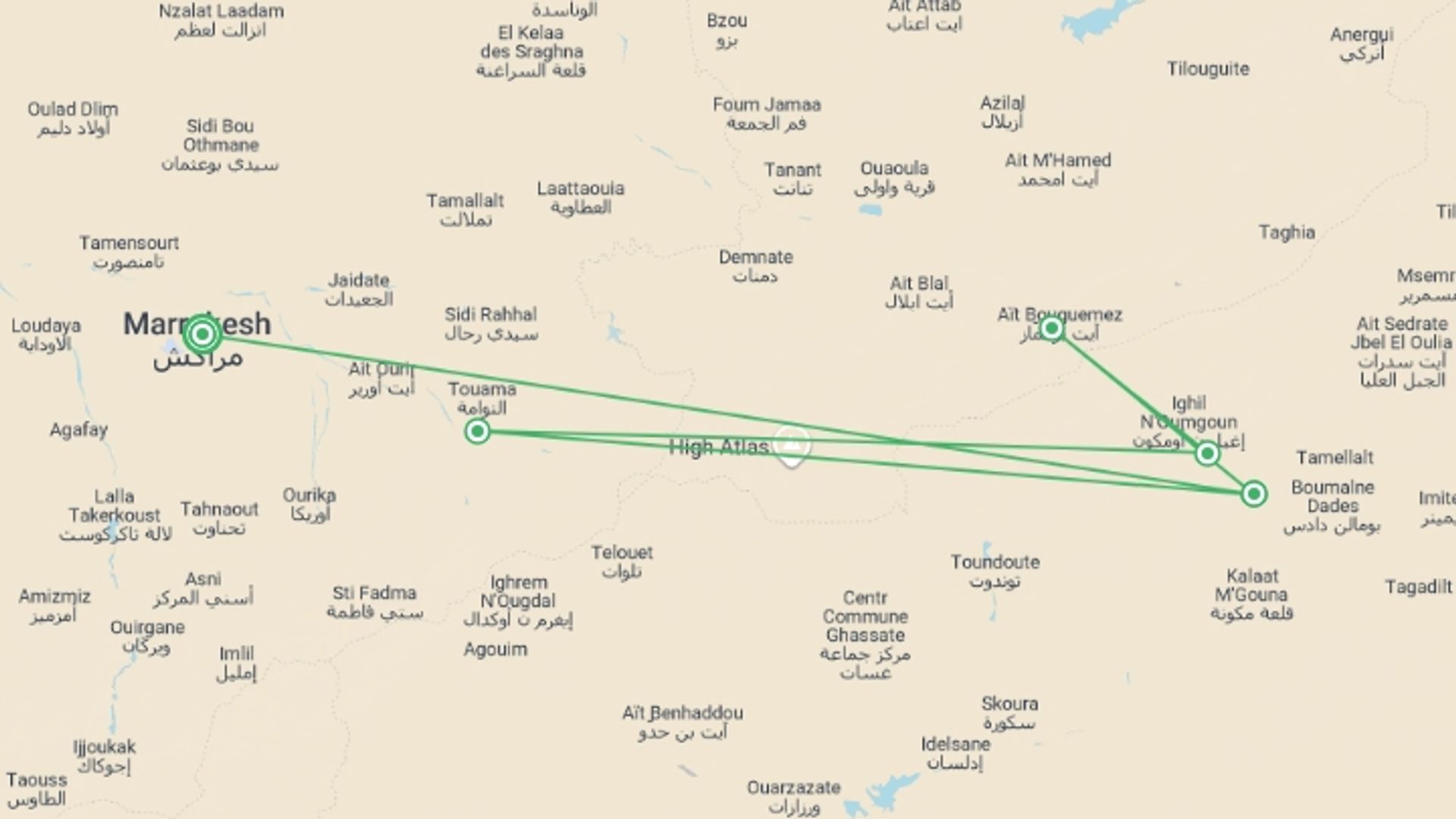 A map showing the tour itinerary for the trip: Morocco: Women's Expedition, starting in Marrakech, Morocco and ending in Marrakech, Morocco going through 4 other destinations.