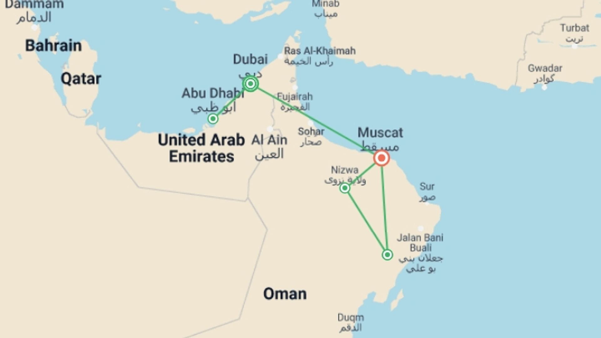 A map showing the tour itinerary for the trip: Unforgettable UAE and Oman, starting in Dubai, UAE and ending in Nizwa, Nizwa going through 2 other destinations.