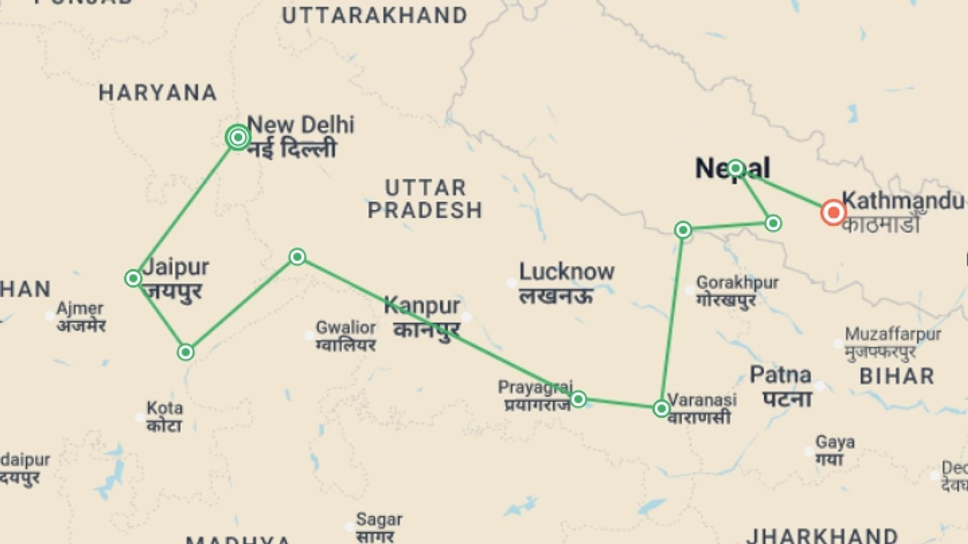 A map showing the tour itinerary for the trip: Delhi to Kathmandu, starting in New Delhi, India and ending in Kathmandu, Nepal going through 8 other destinations.