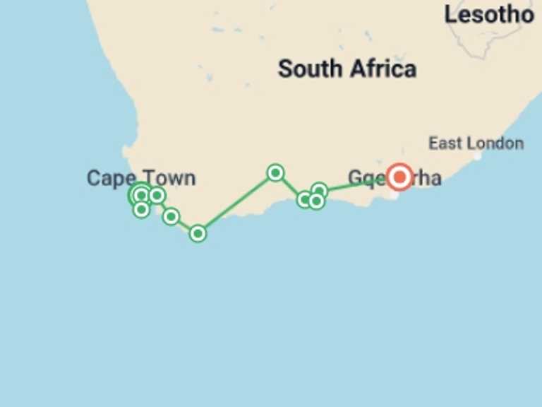 Map itinerary of Cape Town Tour in August 2026 with 10 destination visits for the trip: South Africa's Garden Route