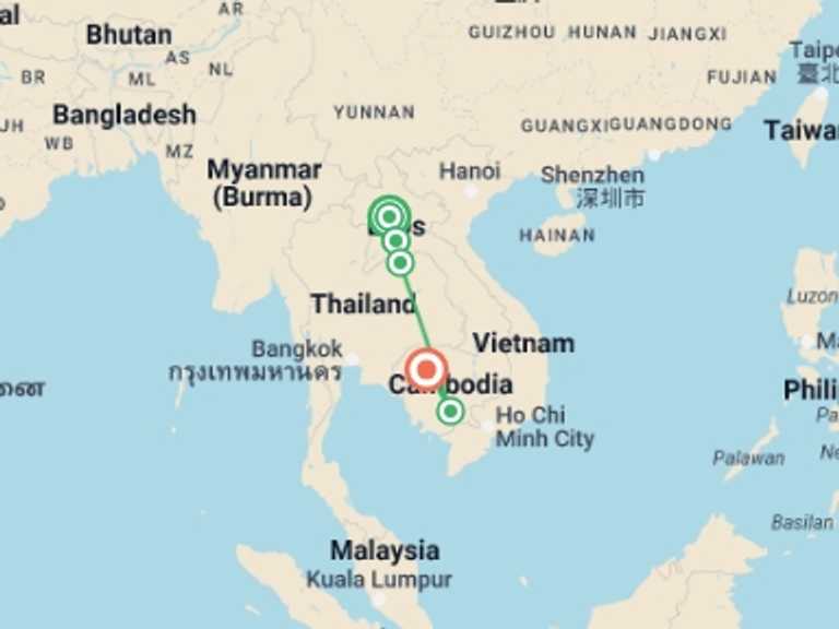 Map of Luang Prabang City sightseeing Tour with 5 destination visits for the trip: Cambodia & Laos Uncovered
