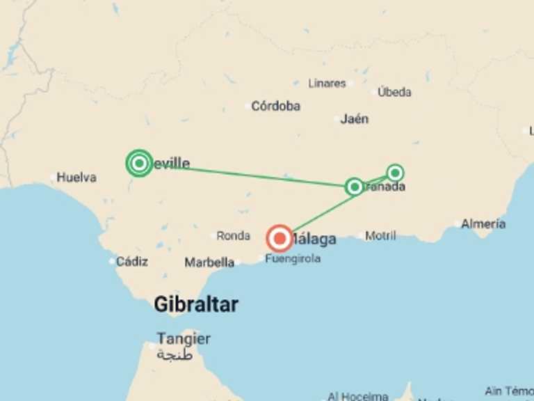 Map of Seville City sightseeing Tour with 5 destination visits for the trip: Highlights of Andalusia