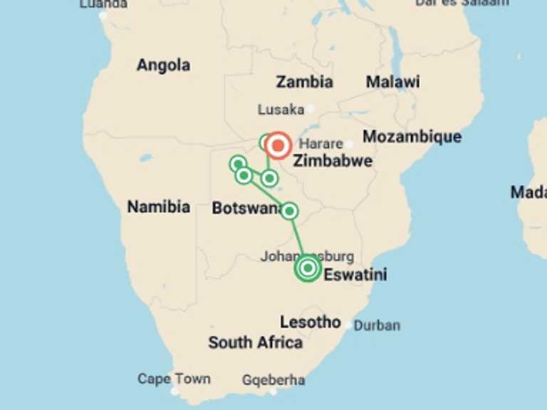 Map itinerary of Africa Tour in Fall with 7 destination visits for the trip: Botswana and Falls Overland: Wildlife Walks & Safari Drives