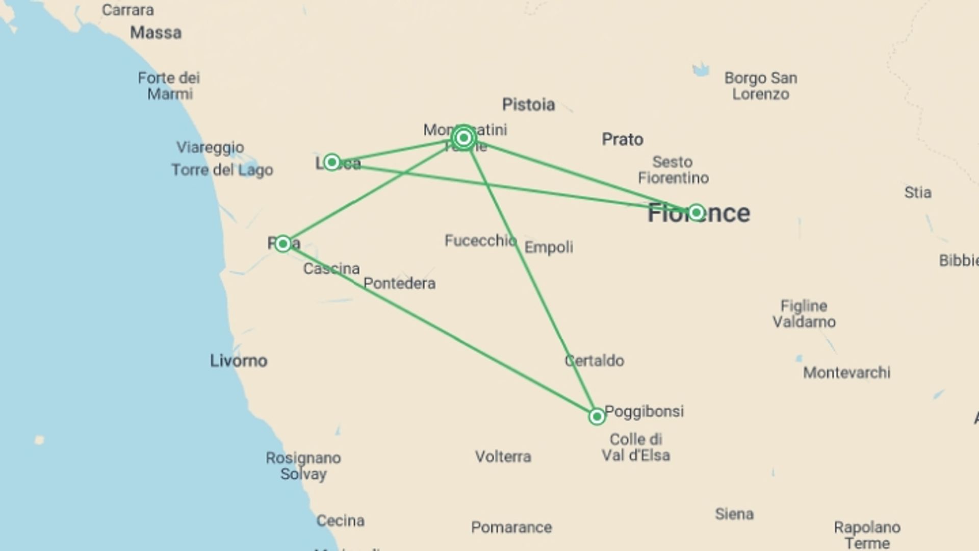 A map showing the tour itinerary for the trip: Spotlight on Tuscany , starting in Montecatini Terme, Italy and ending in Montecatini Terme, Italy going through 4 other destinations.