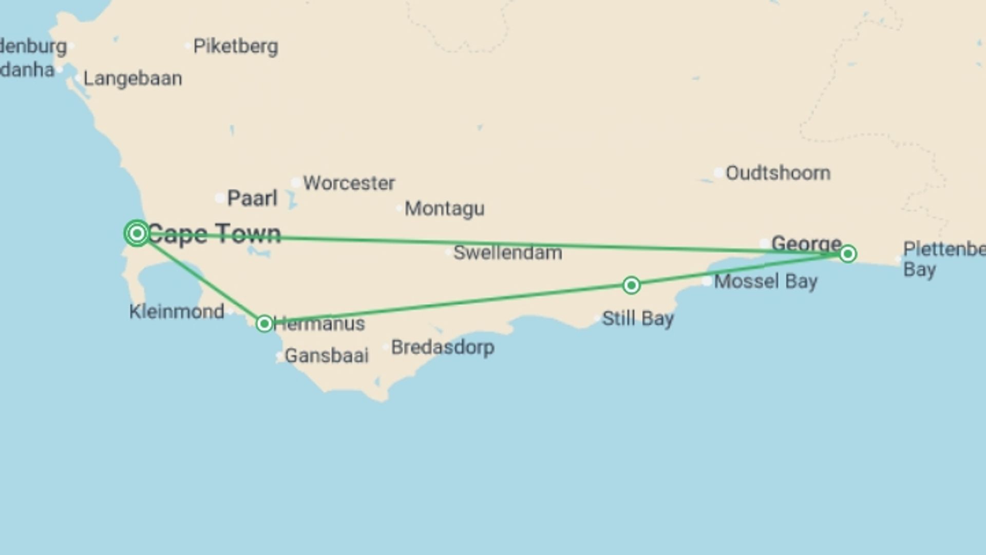 A map showing the tour itinerary for the trip: Wonders of the Western Cape, starting in Cape Town, South Africa and ending in Cape Town, South Africa going through 3 other destinations.