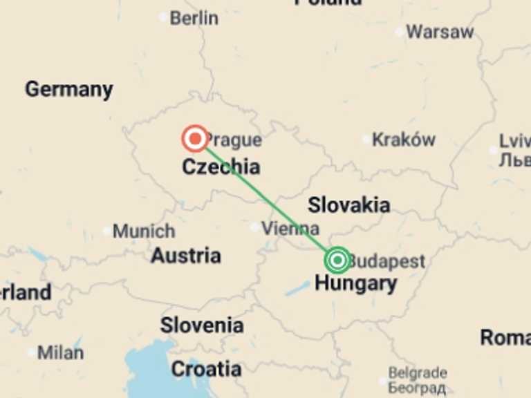 Map itinerary of Budapest Tour in August 2026 with 2 destination visits for the trip: Eastern Capitals