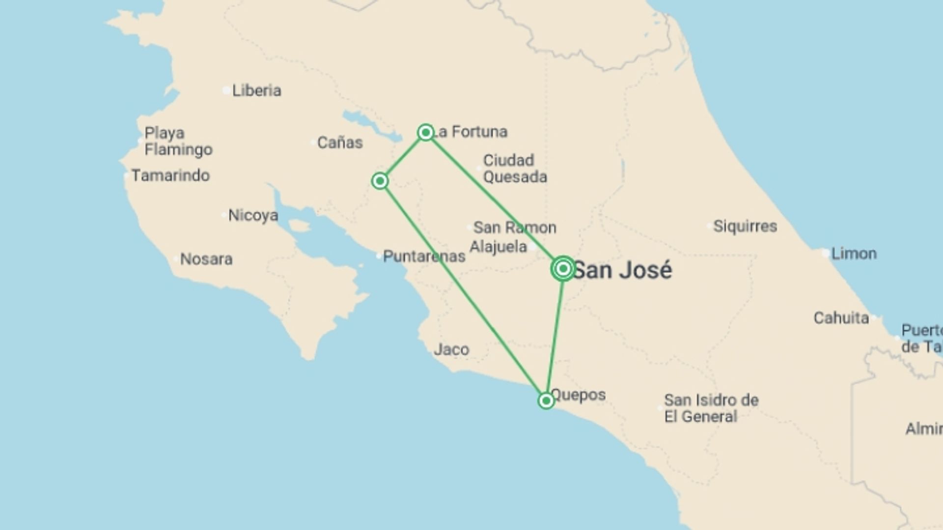 A map showing the tour itinerary for the trip: Costa Rica Family Experience, starting in San Jose, Costa Rica and ending in San Jose, Costa Rica going through 5 other destinations.