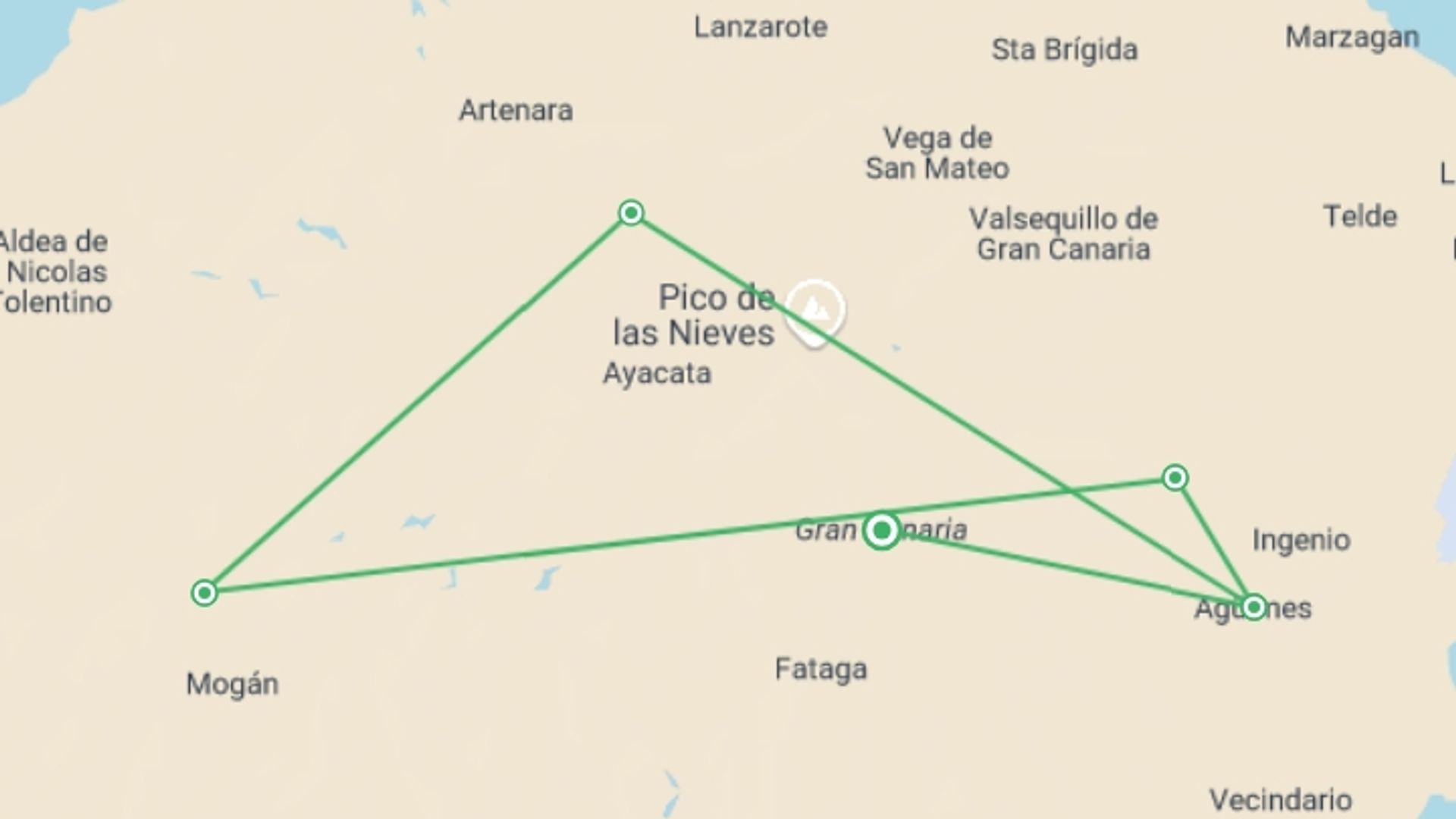 A map showing the tour itinerary for the trip: Canary Islands Walking - Gran Canaria, starting in Gran Canaria, Spain and ending in Gran Canaria, Spain going through 5 other destinations.