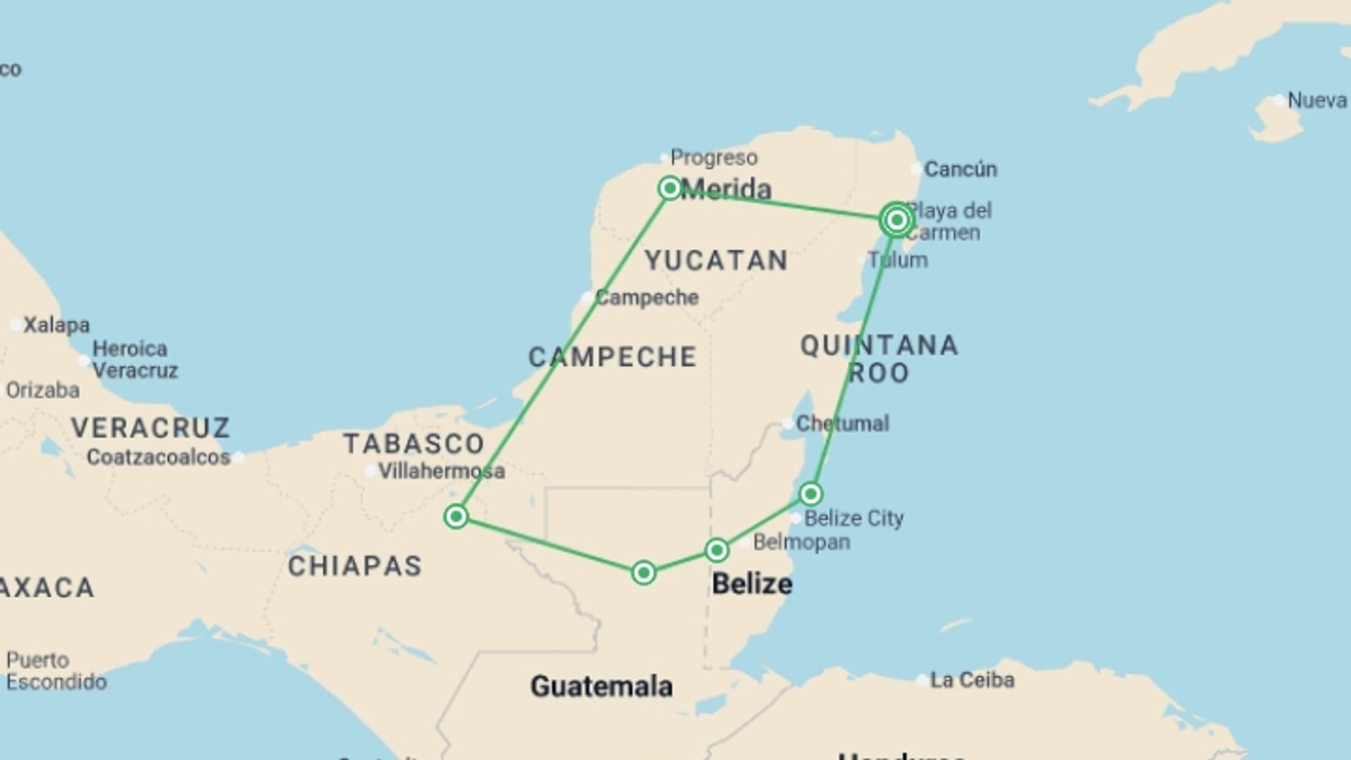 A map showing the tour itinerary for the trip: Mayan Discovery, starting in Playa Del Carmen, Mexico and ending in Playa Del Carmen, Mexico going through 6 other destinations.