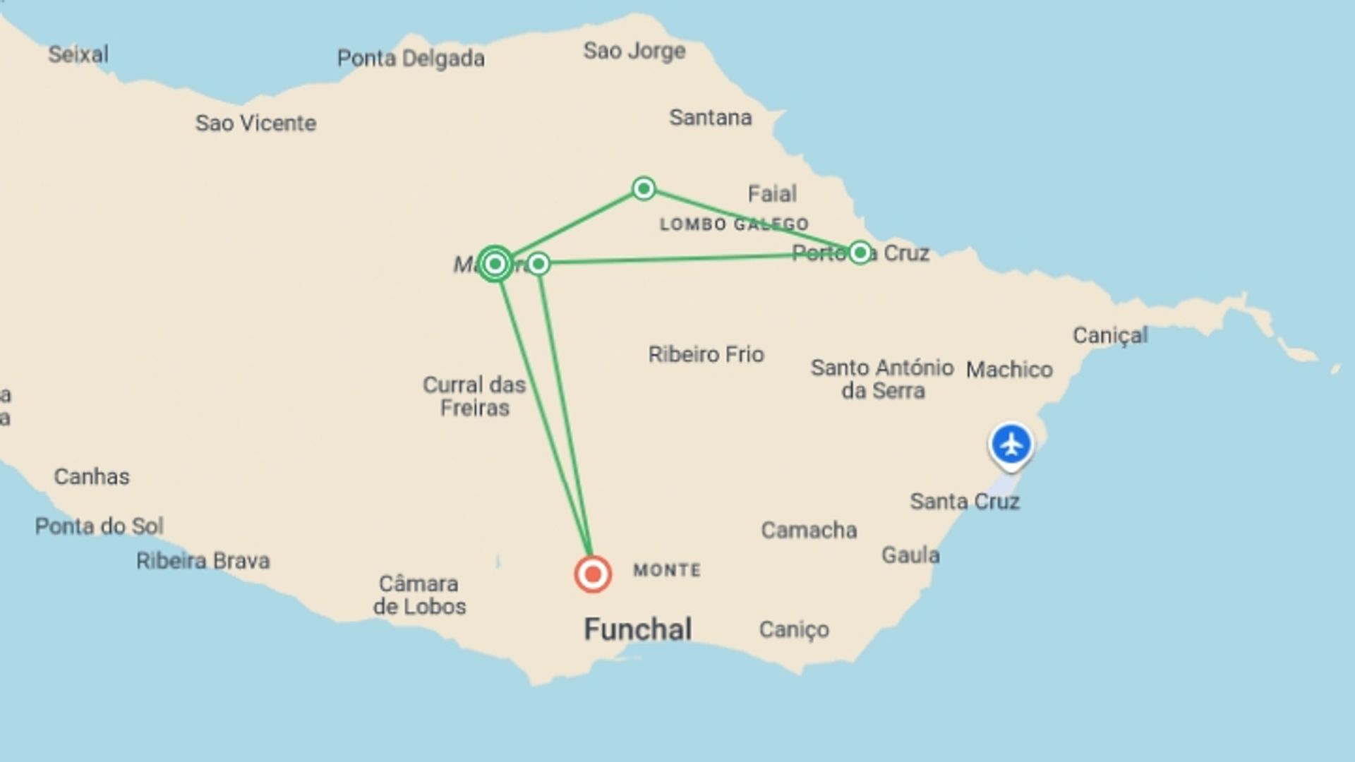 A map showing the tour itinerary for the trip: Walking the Island of Madeira, starting in Madeira, Portugal and ending in Funchal, Portugal going through 3 other destinations.