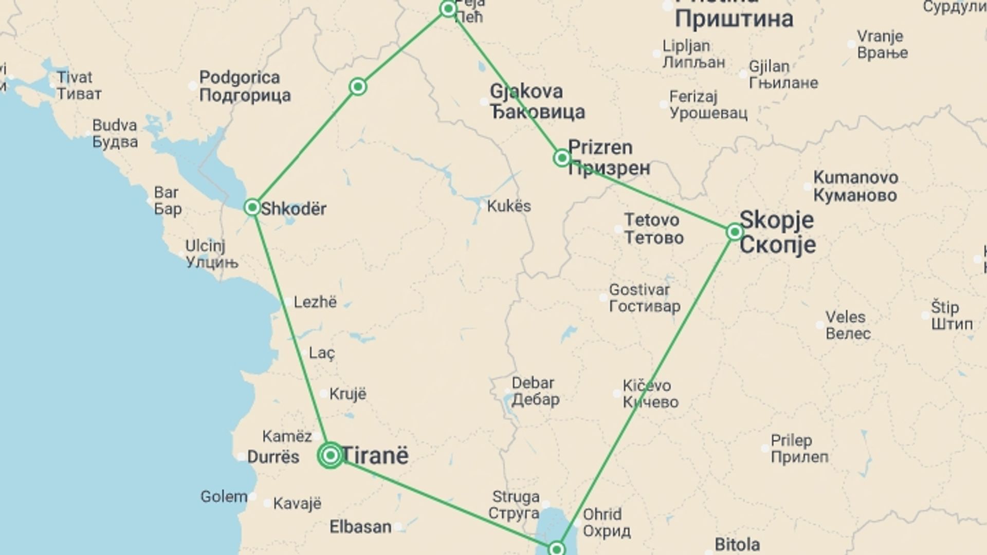 A map showing the tour itinerary for the trip: Kosovo, Albania & Macedonia Explorer, starting in Tirana, Albania and ending in Tirana, Albania going through 6 other destinations.