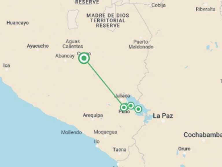 Map itinerary of Puno Tour in October 2026 with 2 destination visits for the trip: Puno & Titicaca Islands