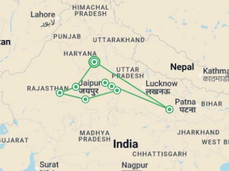 Map itinerary of India Tour in Winter with 8 destination visits for the trip: Highlights of Northern India