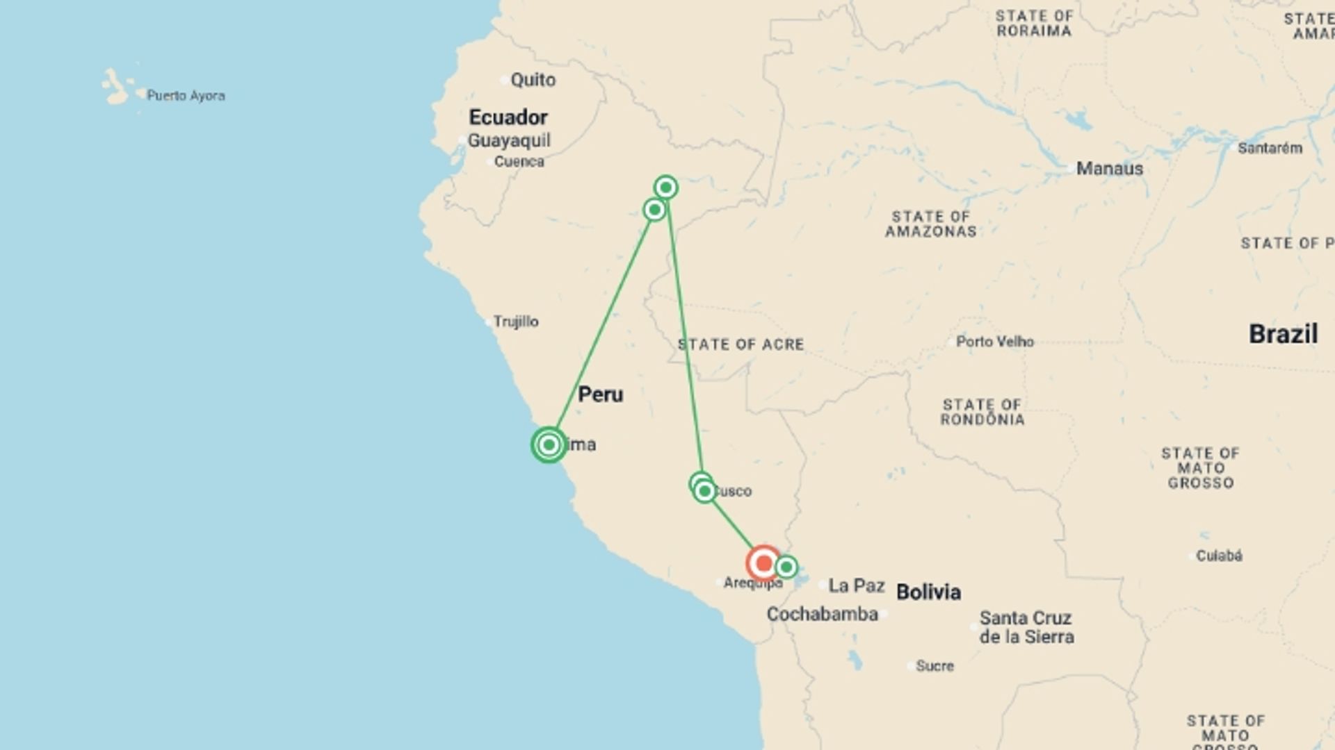 A map showing the tour itinerary for the trip: Peru & Iquitos Amazon Cruise - 11 days, starting in Lima, Peru and ending in Puno, Peru going through 5 other destinations.