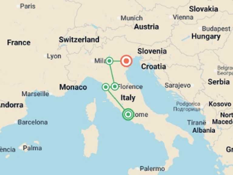 Map of Europe Tour with 3 destination visits for the trip: Jewels of Italy