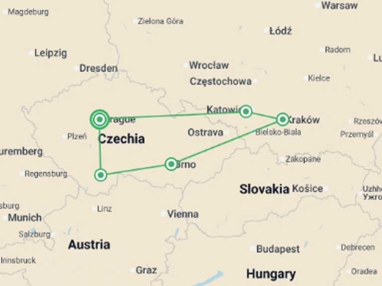Map itinerary of Europe Tour in June 2026 with 5 destination visits for the trip: Full Czechia and Heart of Poland
