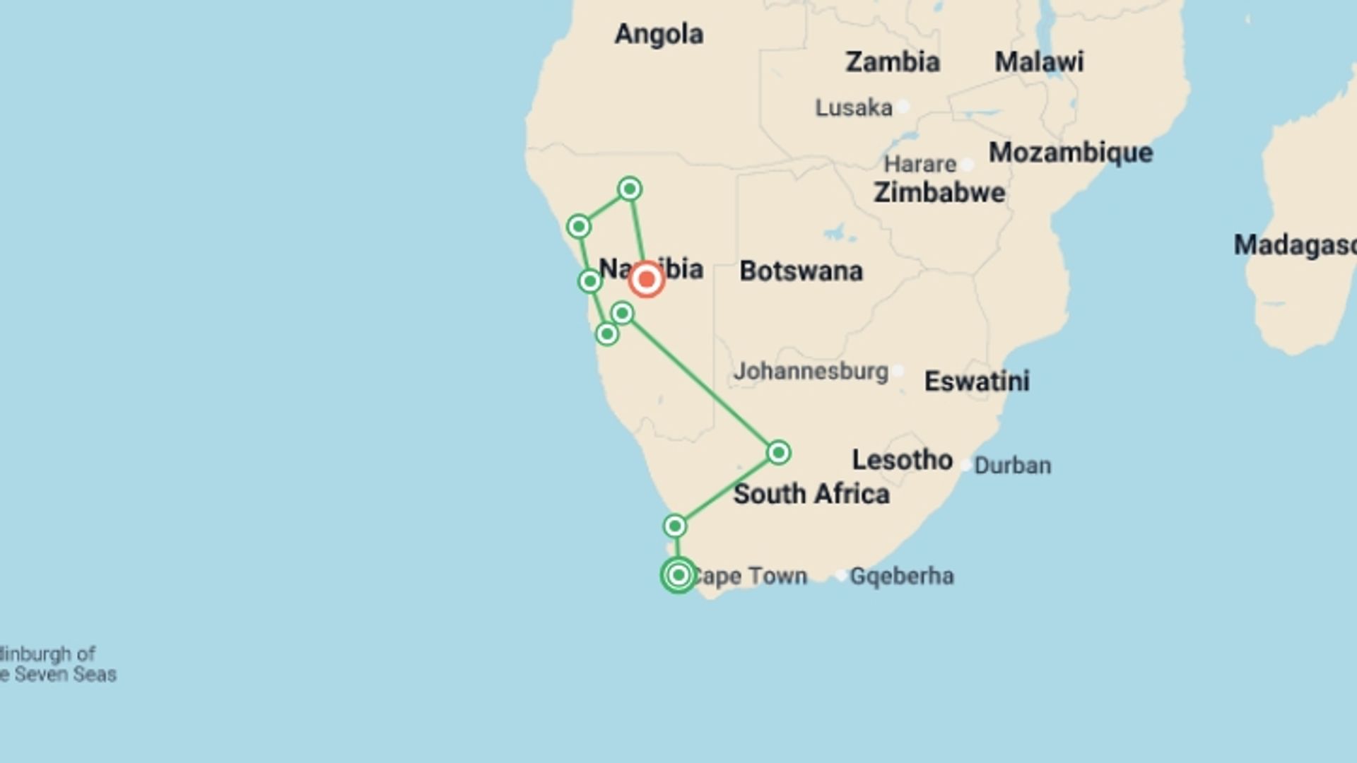 A map showing the tour itinerary for the trip: Namibia Discovery, starting in Cape Town, South Africa and ending in Windhoek, Namibia going through 7 other destinations.