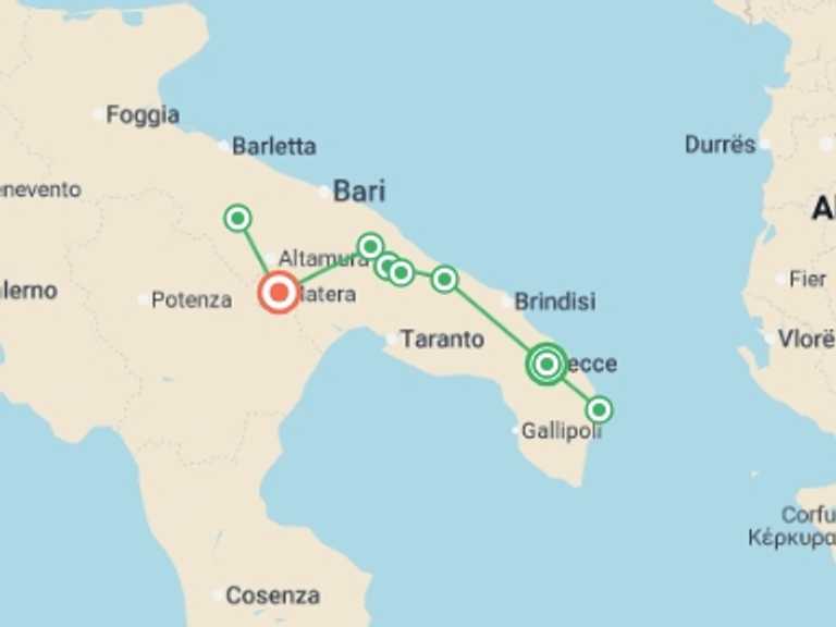 Map of Europe Tour with 4 destination visits for the trip: Puglia Guided Walk