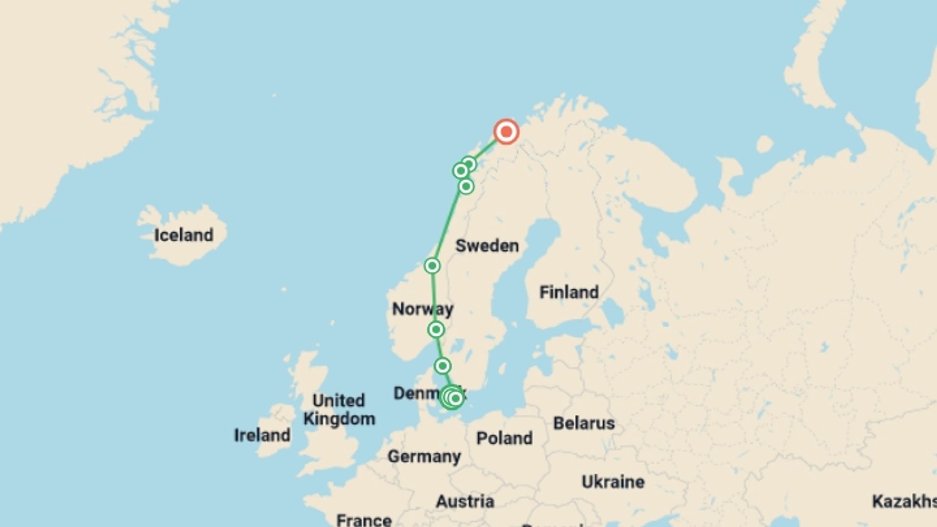 A map showing the tour itinerary for the trip: Copenhagen to Northern Norway, starting in Copenhagen, Denmark and ending in Tromso, Norway going through 6 other destinations.