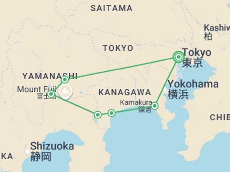 Map itinerary of Asia Tour in July 2026 with 2 destination visits for the trip: Discovering Kamakura and Mount Fuji