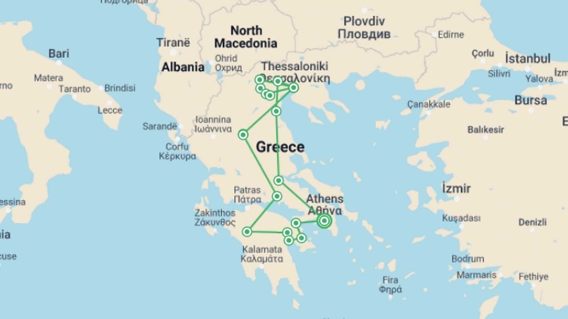A map showing the tour itinerary for the trip: Grand Tour In Greece, Private Tour, starting in Athens, Greece and ending in Athens, Greece going through 4 other destinations.