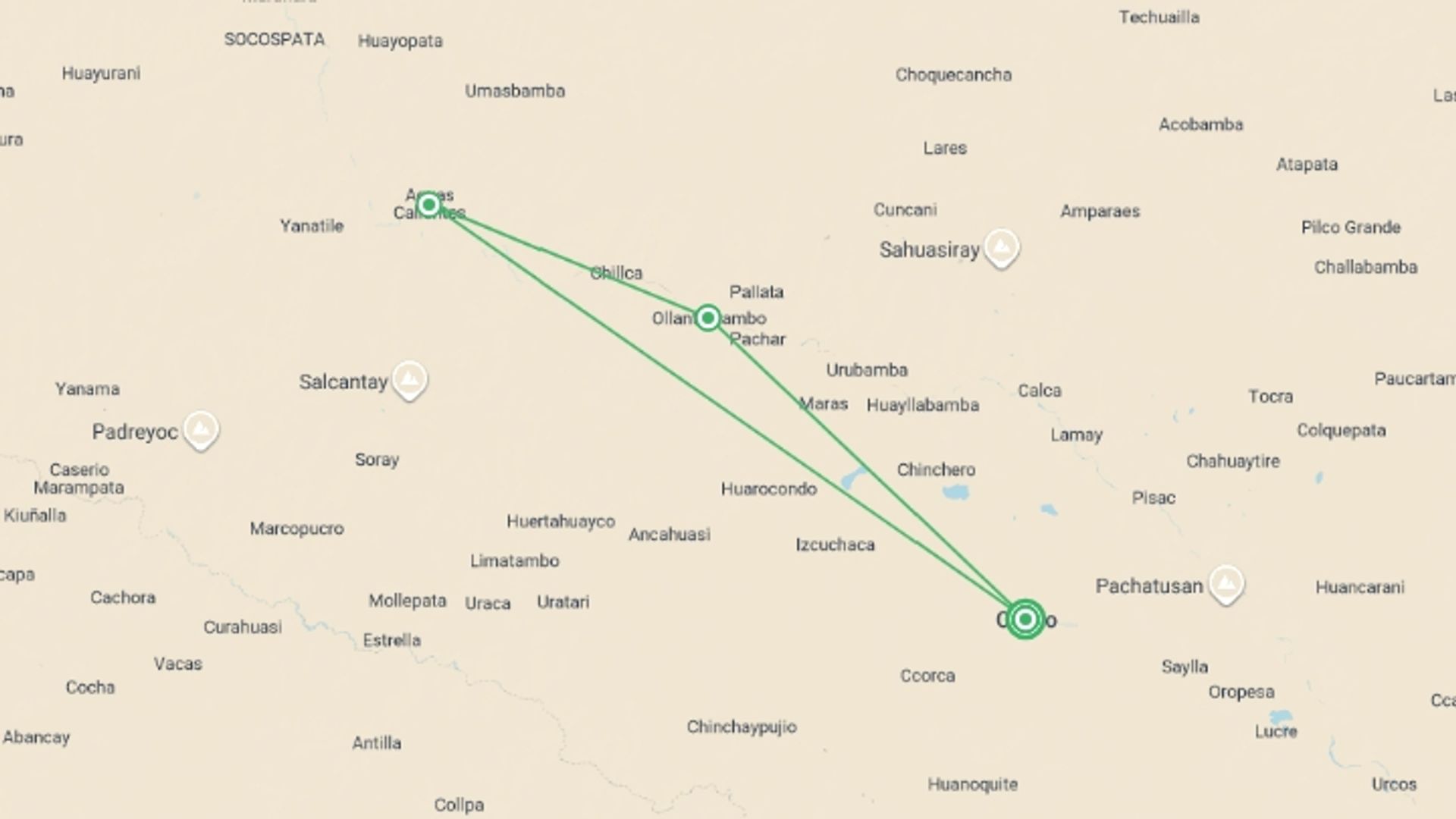 A map showing the tour itinerary for the trip: Peru Inca Adventure, starting in Cusco, Peru and ending in Cusco, Peru going through 2 other destinations.