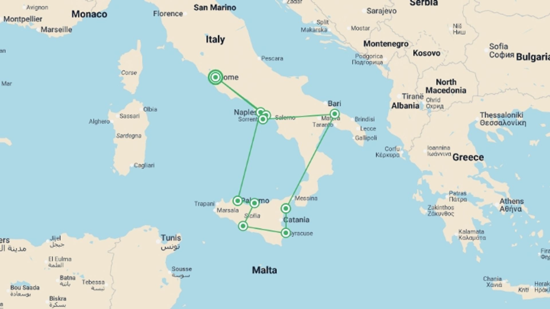 A map showing the tour itinerary for the trip: Highlights of Southern Italy & Sicily, starting in Rome, Italy and ending in Rome, Italy going through 6 other destinations.