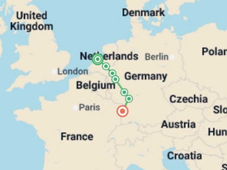 Map of Europe Tour with 6 destination visits for the trip: Holland and the romantic Rhine valley (port-to-port cruise)