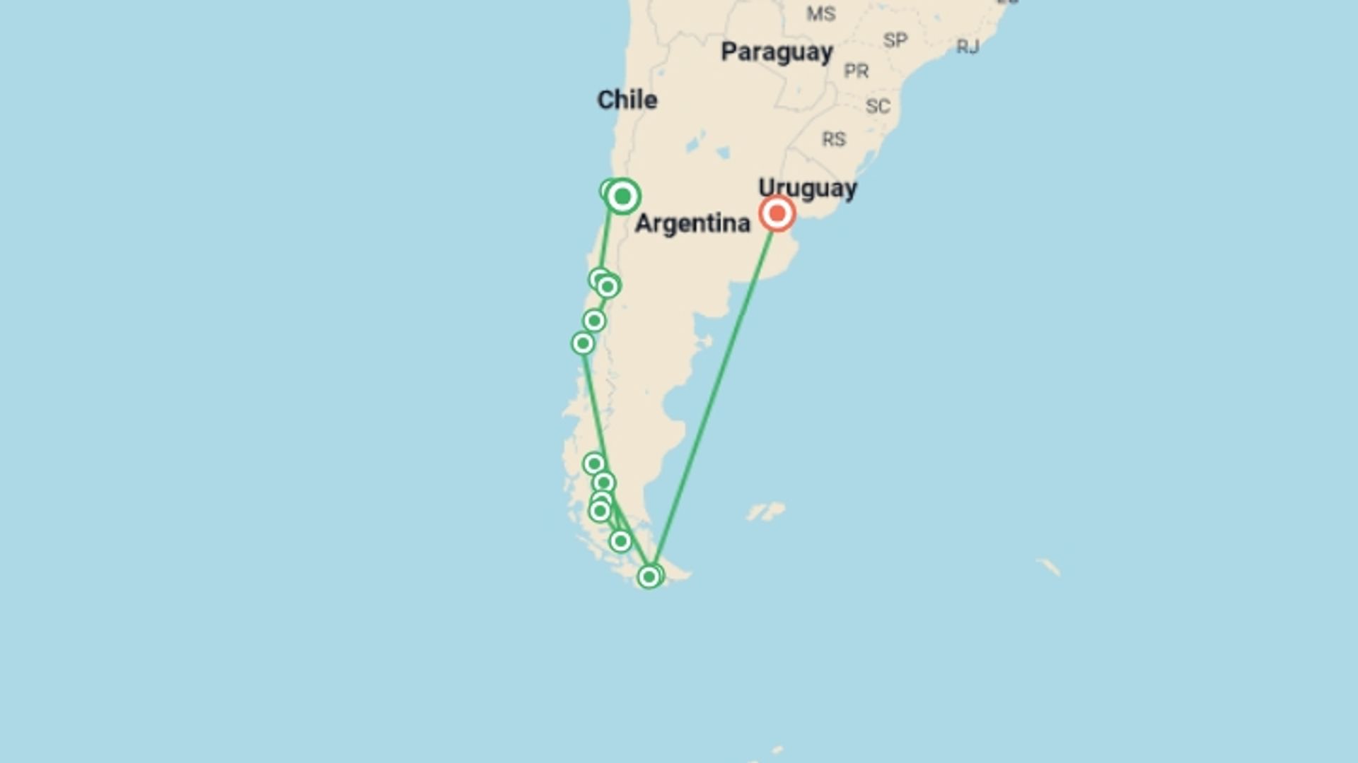A map showing the tour itinerary for the trip: Patagonia Encompassed - 20 Days, starting in Santiago, Cape verde and ending in Buenos Aires, Argentina going through 12 other destinations.