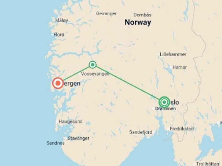 Map itinerary of Europe Tour in December 2026 with 3 destination visits for the trip: Vision of Norwegian Fjords in Winter