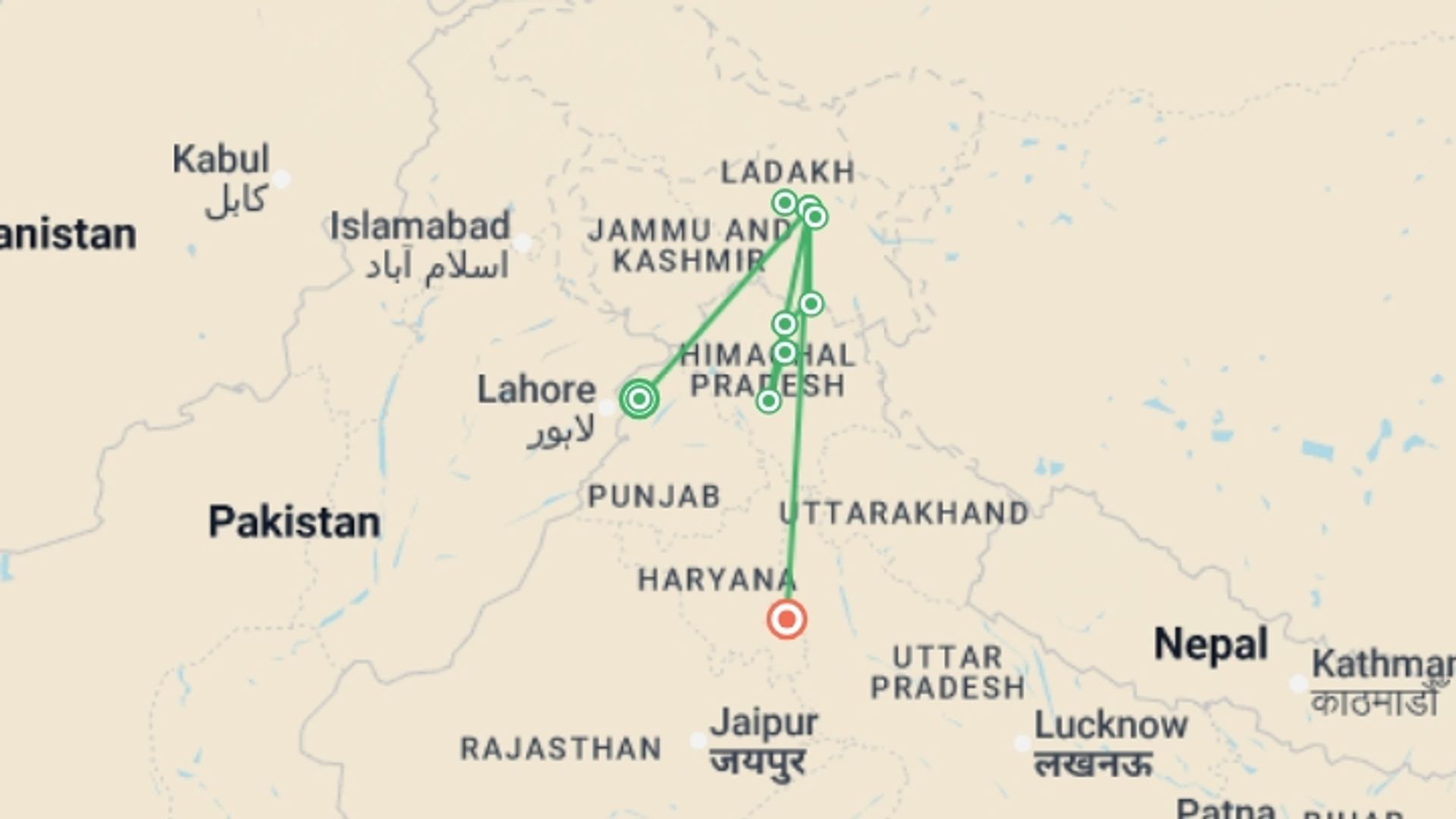 A map showing the tour itinerary for the trip: Discover India's Little Tibet and Nubra Valley, starting in Amritsar, India and ending in New Delhi, India going through 0 other destinations.
