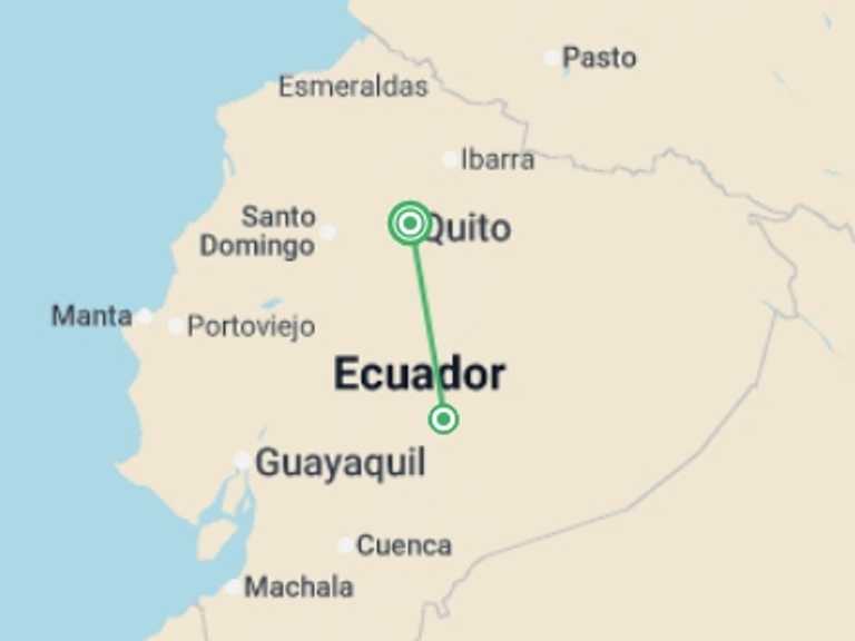 Map itinerary of South America Tour in March 2027 with 2 destination visits for the trip: Ecuador Independent Short Break: Amazon Jungle Adventure