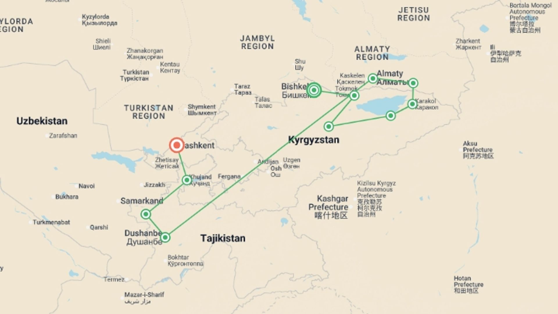 A map showing the tour itinerary for the trip: Best of Kyrgyzstan and Tajikistan, starting in Bishkek, Kyrgyzstan and ending in Tashkent, Uzbekistan going through 9 other destinations.
