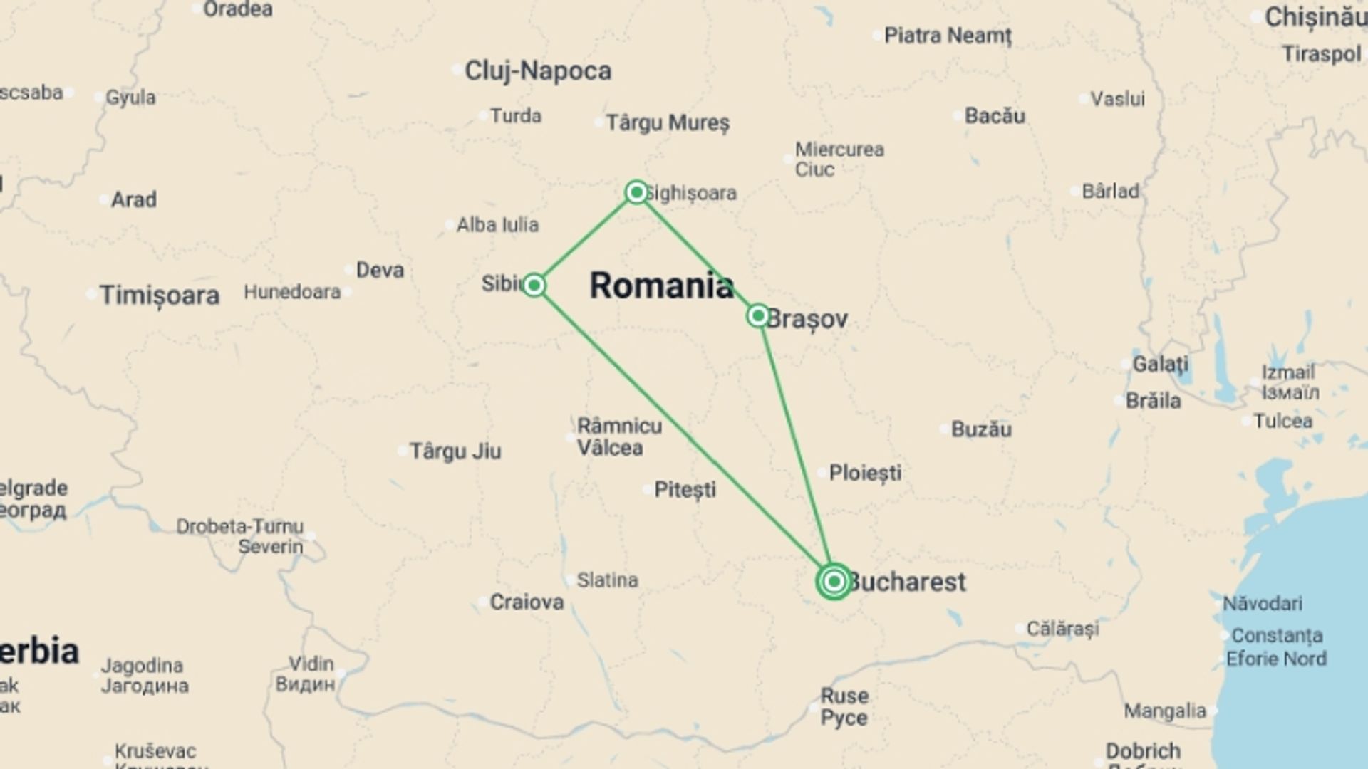 A map showing the tour itinerary for the trip: Castles & Legends of Transylvania - 4 days, starting in Bucharest, Romania and ending in Bucharest, Romania going through 3 other destinations.