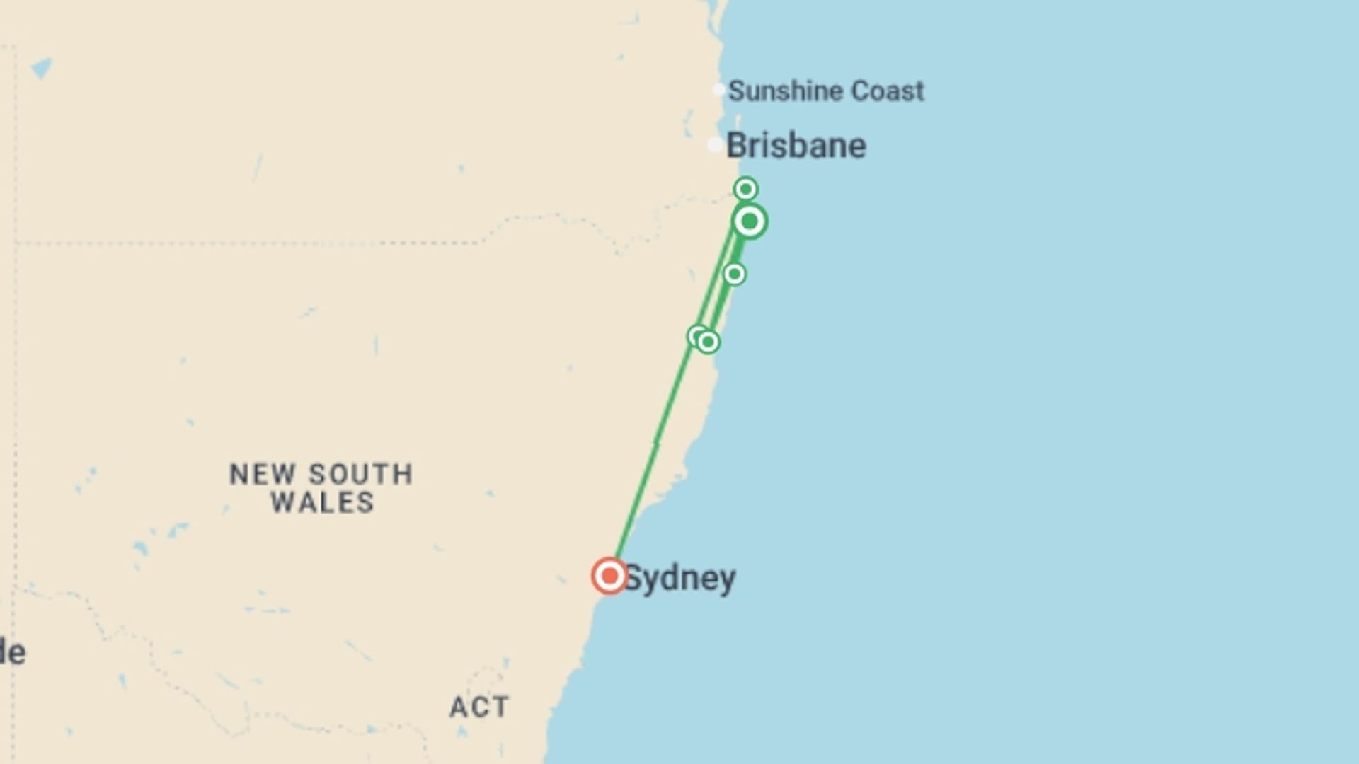 A map showing the tour itinerary for the trip: Sydney to Brisbane Adventure, starting in Byron Bay, Australia and ending in Sydney and NSW, Australia going through 5 other destinations.