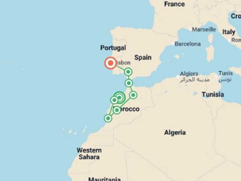 Map of 12-Day Marrakech Tour with 8 destination visits for the trip: Atlantic Route, From Casablanca to Lisbon