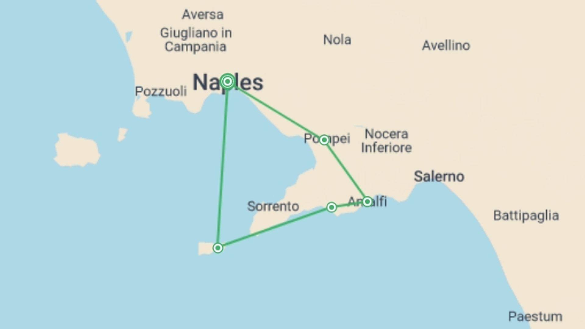 A map showing the tour itinerary for the trip: Premium Walking & Hiking on Italy's Amalfi Coast, starting in Naples, Italy and ending in Naples, Italy going through 3 other destinations.