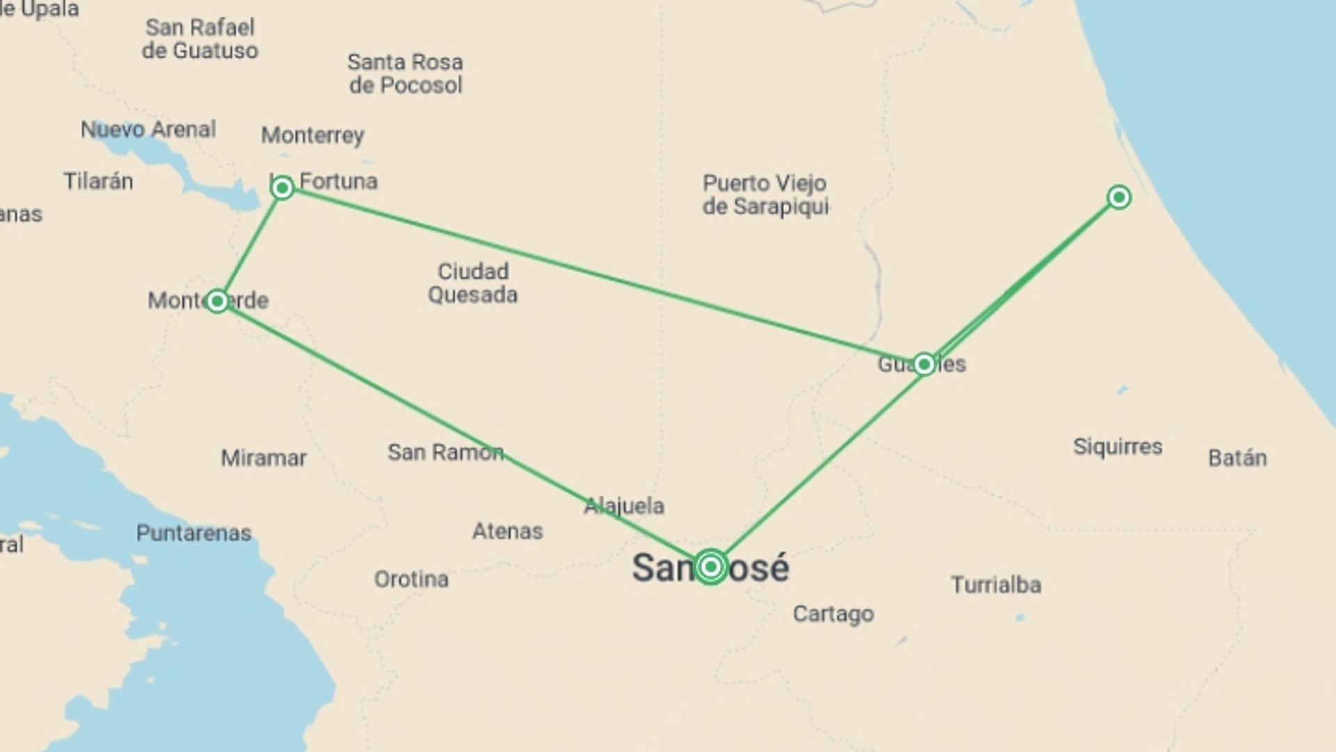 A map showing the tour itinerary for the trip: Supersaver | Costa Rica Essentials Plus, 8 Days, starting in San Jose, Costa Rica and ending in San Jose, Costa Rica going through 4 other destinations.