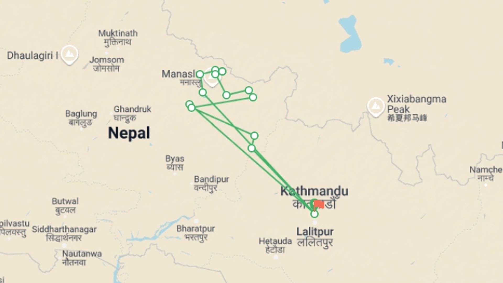 A map showing the tour itinerary for the trip: Manaslu Circuit Trek, starting in Kathmandu, Nepal and ending in Kathmandu, Nepal going through 13 other destinations.