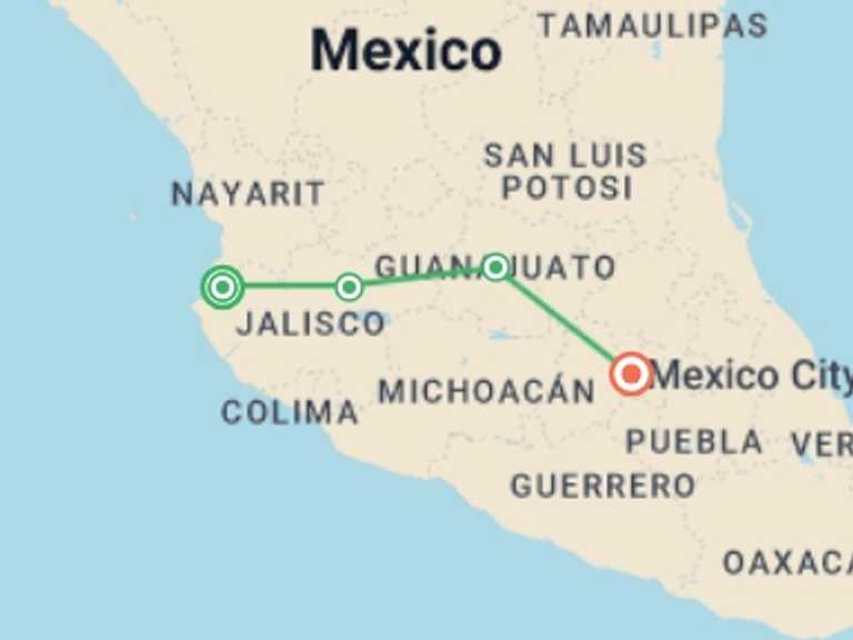 Map of Mexico Local culture Tour with 4 destination visits for the trip: Mexican Fiesta