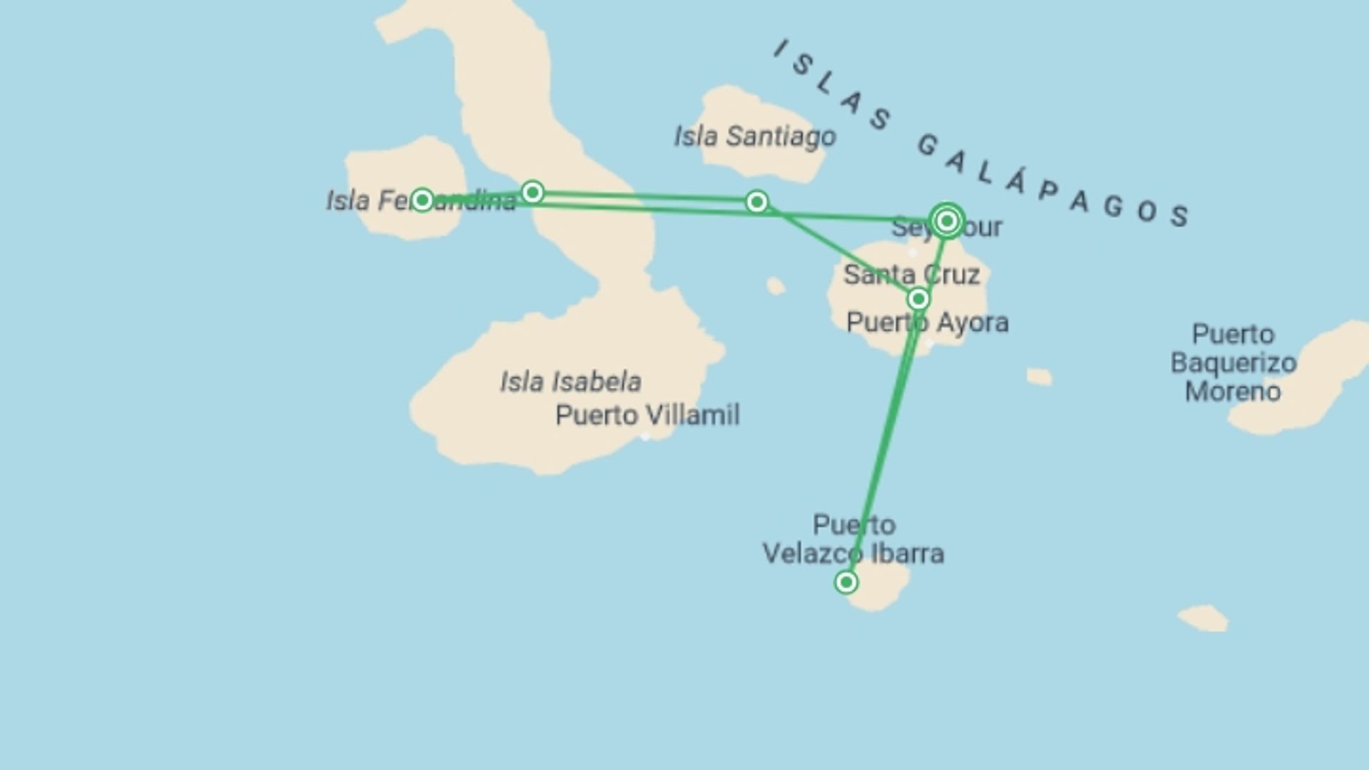 A map showing the tour itinerary for the trip: YACHT LA PINTA DARWIN’S LEGACY (Fri - Thurs), starting in Baltra Island, Ecuador and ending in Baltra Island, Ecuador going through 6 other destinations.