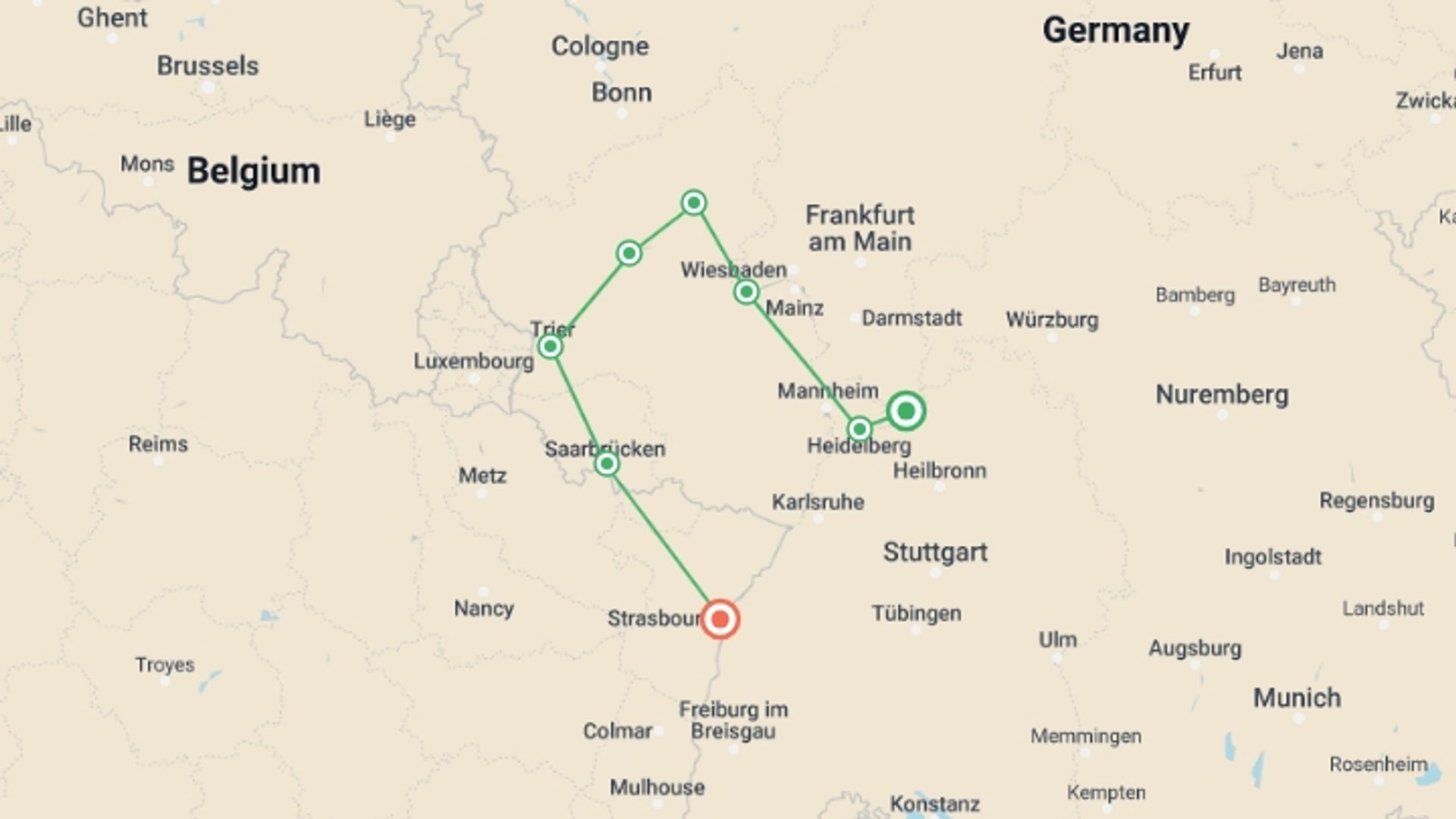 A map showing the tour itinerary for the trip: A Cruise Through Four Exquisite European Valleys (port-to-port cruise), starting in Baden-Württemberg, Germany and ending in Strasbourg, France going through 7 other destinations.