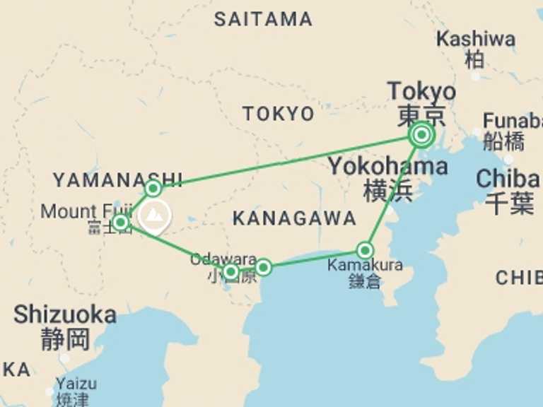 Map of Tokyo Cultural, religious and historic sites Tour with 2 destination visits for the trip: Discovering Kamakura and Mount Fuji