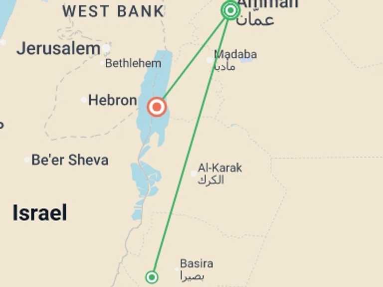 Map itinerary of Asia Tour in October 2026 with 3 destination visits for the trip: Signature Jordan | Stars and Desert Sands