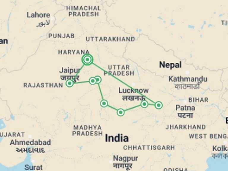 Map of India Art and architecture Tour with 6 destination visits for the trip: Indian Mystic, 11 Days Tour