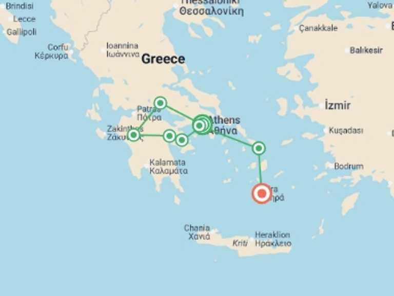 Map itinerary of Mediterranean Tour in July 2026 with 5 destination visits for the trip: Gems of Greece with Mykonos & Santorini - 10 days
